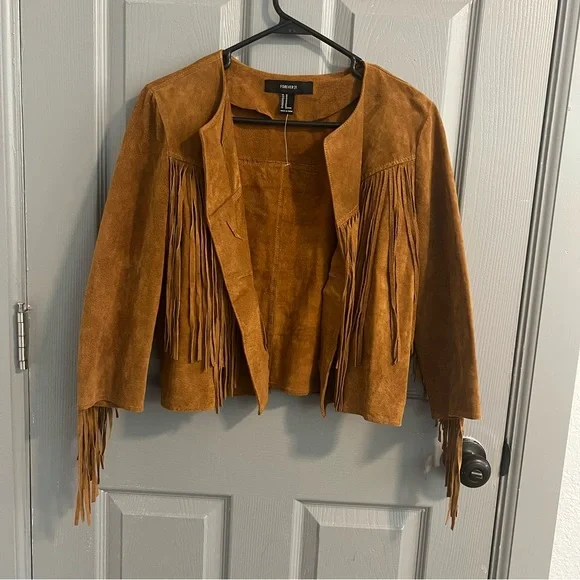 nwot Forever 21 Tan Fringe Suede Jacket Western Style - Picture 4 of 5